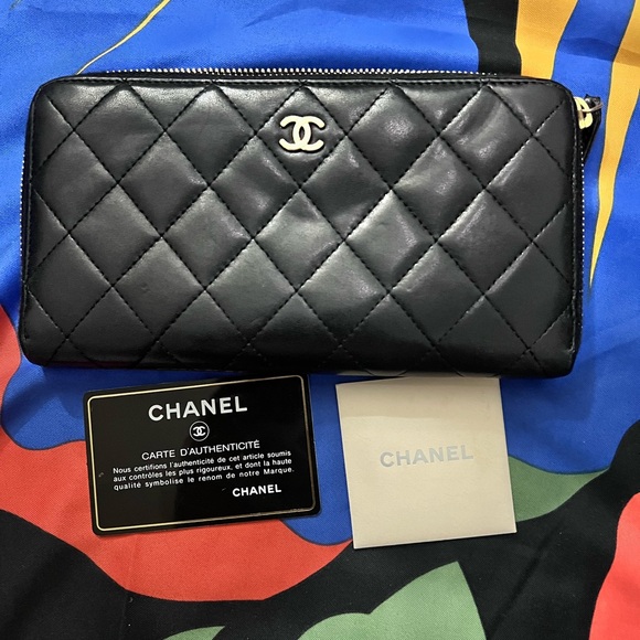 Chanel Black Lambskin Quilted Zip Around Wallet